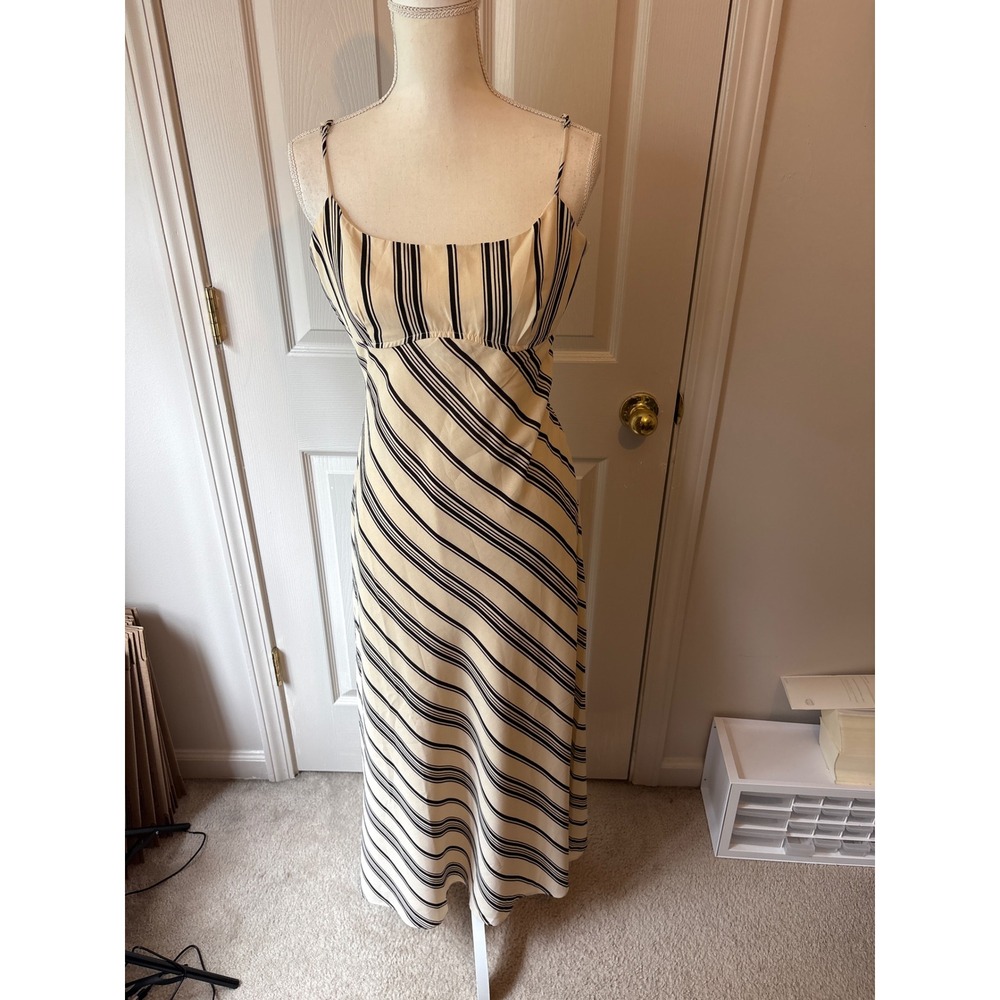 LE LIS Striped Midi Dress Womens Large Cream Black Sleeveless Summer SD9483